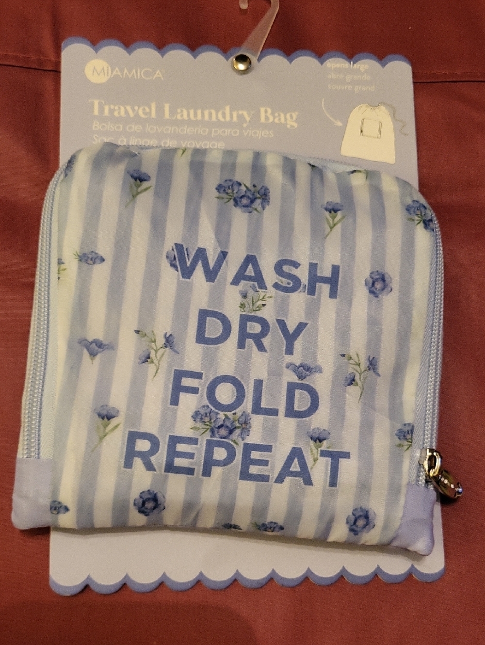 miamica Blue Floral Stripe Travel Laundry Bag "Wash Dry Fold Repeat"  Li